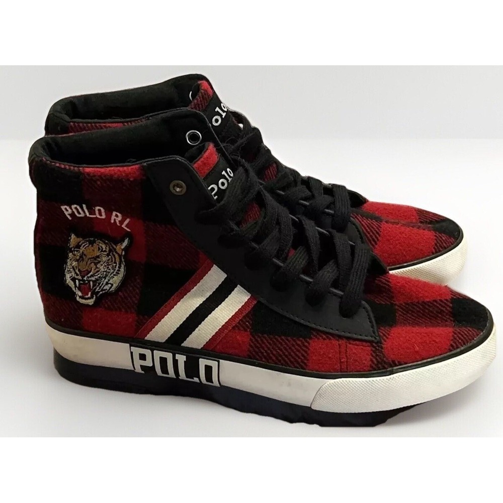 Boys Polo Ralph Lauren Mid Top Tiger Black/Red Plaid‎ Shoes Youth Size 5 Euro 37